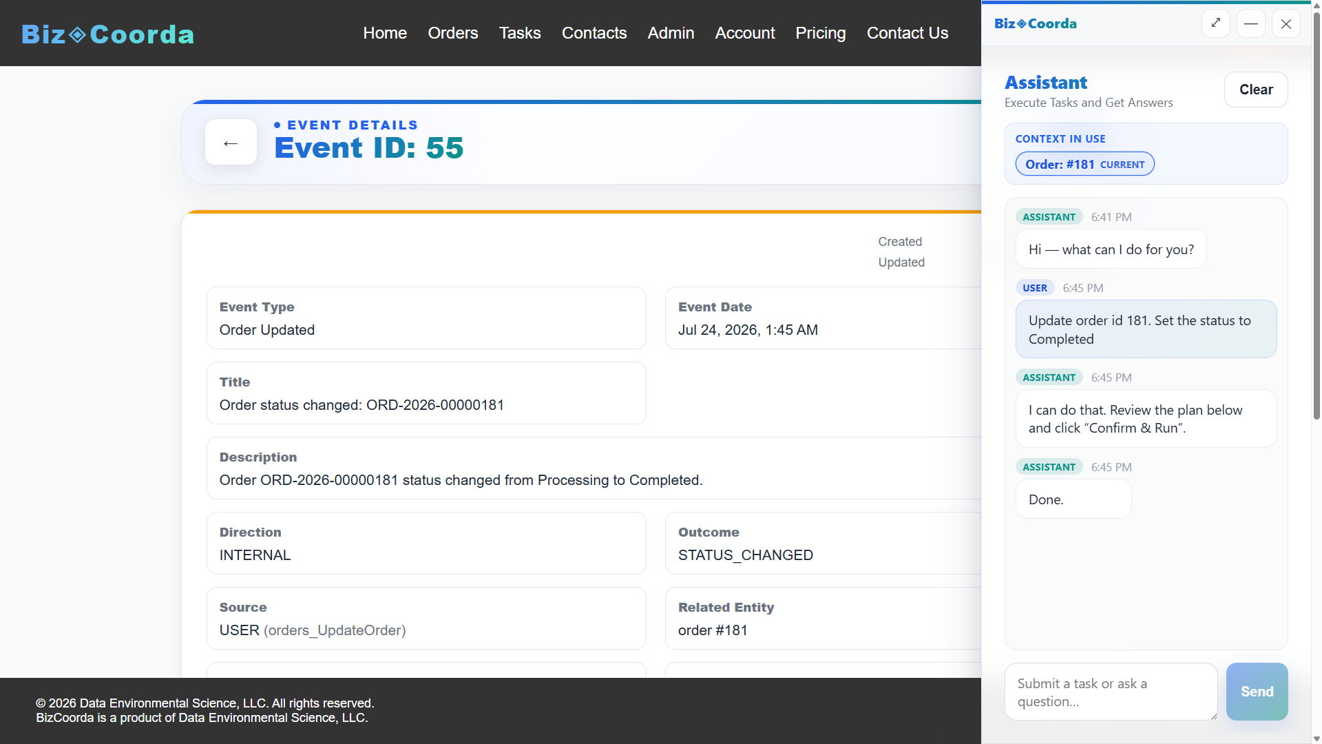 BizCoorda business operations showing a created order generated by the assistant.